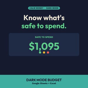 Dark Mode Budget Spreadsheet for Google Sheets and Excel, ADHD Paycheck Budget Planner, Simple Monthly Expense Tracker, Safe to Spend