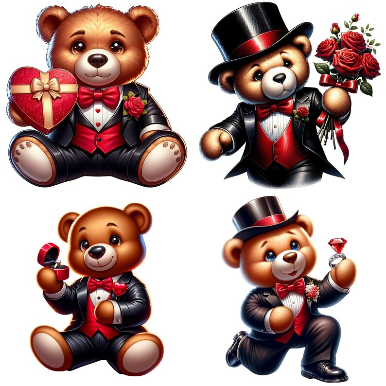 Watercolor Valentines Teddy Bear Clipart Bundle, 12 PNG Valentines Day ...