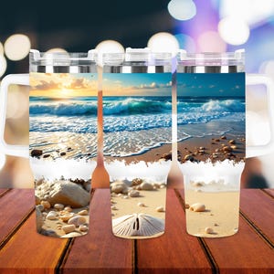 Strand 40 Unzen Tumbler Wrap, Sommer PNG, 40 Unzen Quencher Tumbler Design, Ocean Waves Tumbler Sublimation Design, Seashell Tumbler Digital Download