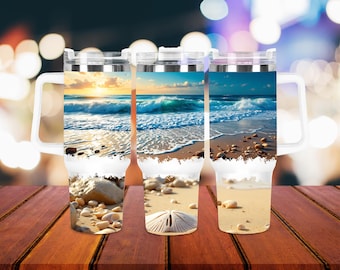 Diseño de vaso de playa de 40 oz, PNG de verano, diseño de vaso térmico de 40 oz, diseño de vaso térmico de olas del océano para sublimación, descarga digital de vaso térmico de conchas marinas