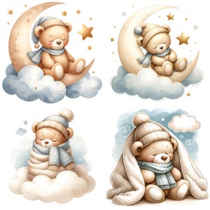 Watercolor Sleeping Teddy Bears Blue Clipart, 20 PNG Cute Teddy Bear On The Moon Clipart, Boho Teddy Bear Clipart Bundle, Commercial Use
