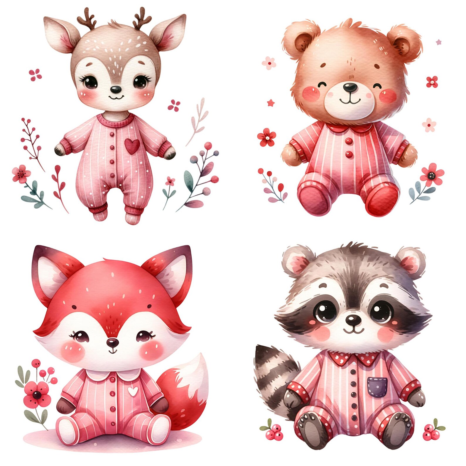 Woodland Animals in Pajamas Clipart 12 Watercolor, Cute Creature ...
