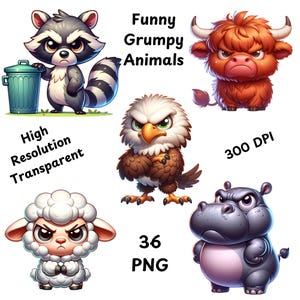 Paquete de imágenes prediseñadas de animales gruñones divertidos en acuarela, 36 imágenes prediseñadas PNG de animales de safari, jungla, zoológico, impresiones de dibujos animados de mascotas, uso comercial