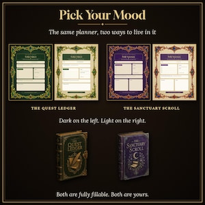 May include: Two planners titled The Quest Ledger and The Sanctuary Scroll, shown in dark and light color variations. The image displays interior page layouts with ornate borders, text fields, and checkboxes, alongside the physical book covers.