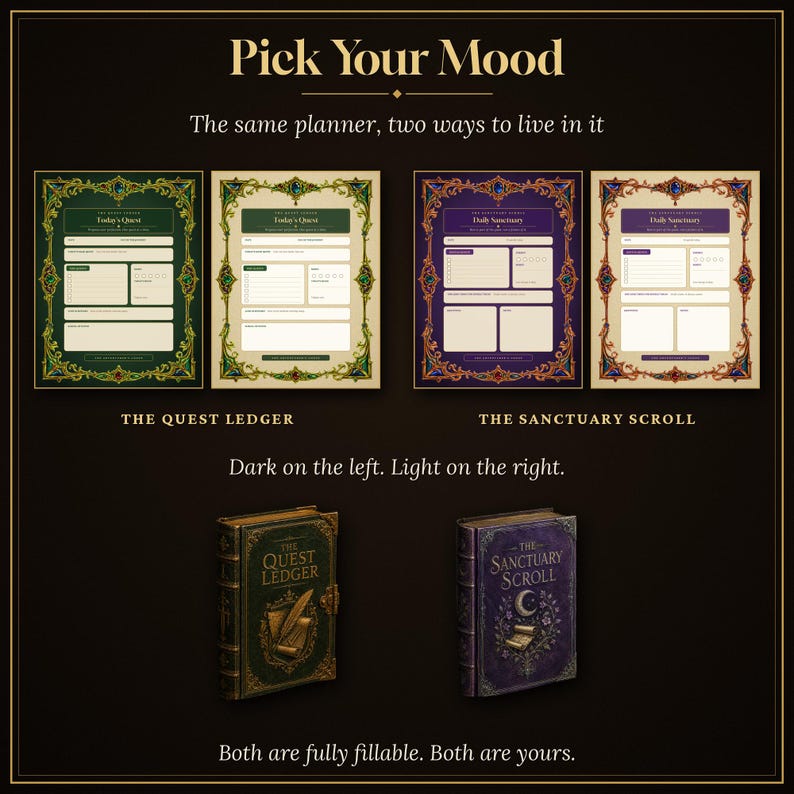 May include: Two planners titled The Quest Ledger and The Sanctuary Scroll, shown in dark and light color variations. The image displays interior page layouts with ornate borders, text fields, and checkboxes, alongside the physical book covers.