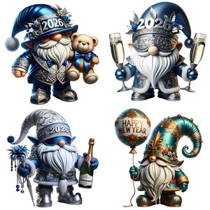 New Year 2026 Gnomes Clipart PNG Bundle | Cute Holiday Gnomes with Balloons Disco Hats & Fireworks | Sublimation PNG 12 Images image 4