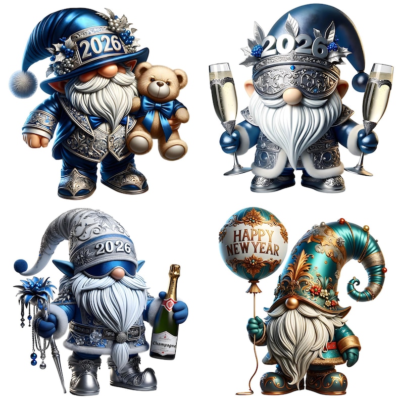 New Year 2026 Gnomes Clipart PNG Bundle | Cute Holiday Gnomes with Balloons Disco Hats & Fireworks | Sublimation PNG 12 Images image 4