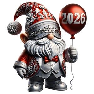 New Year 2026 Gnomes Clipart PNG Bundle | Cute Holiday Gnomes with Balloons Disco Hats & Fireworks | Sublimation PNG 12 Images image 5