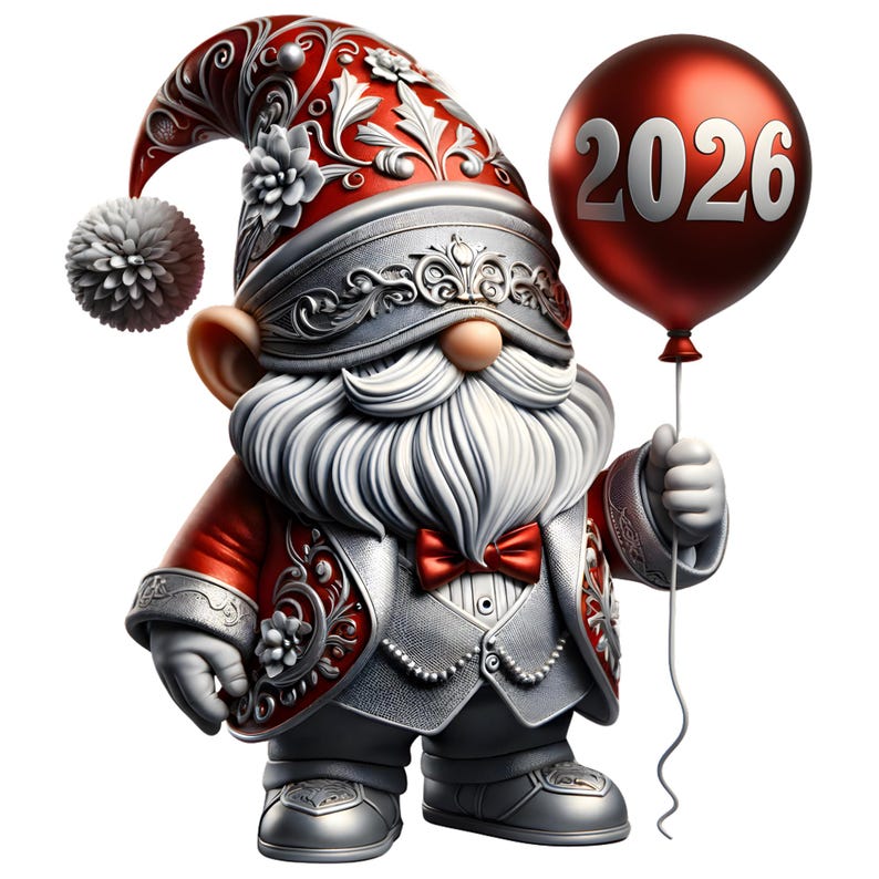 New Year 2026 Gnomes Clipart PNG Bundle | Cute Holiday Gnomes with Balloons Disco Hats & Fireworks | Sublimation PNG 12 Images image 5