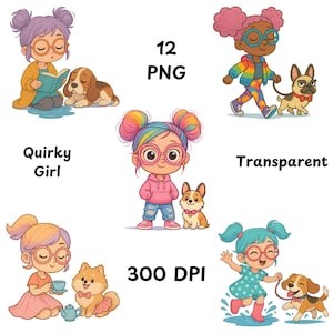 Quirky Girl Clipart Bundle 12 PNG | Cute Girls with Dogs Clipart | Cartoon Girl Illustration Pack | Girl Power Clipart | Digital Download