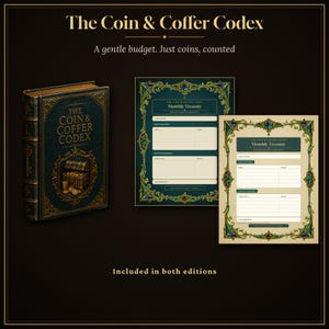 May include: A dark green book titled The Coin & Coffer Codex with a gold chest illustration, alongside two matching Monthly Treasury budget sheets featuring ornate gold and jewel-toned borders. The text reads A gentle budget. Just coins, counted.