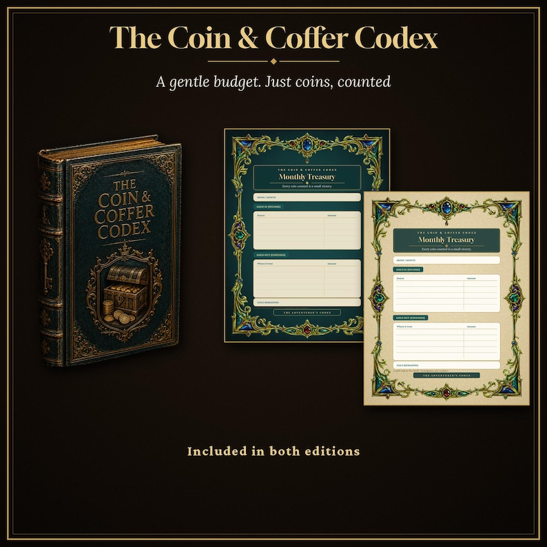 May include: A dark green book titled The Coin & Coffer Codex with a gold chest illustration, alongside two matching Monthly Treasury budget sheets featuring ornate gold and jewel-toned borders. The text reads A gentle budget. Just coins, counted.
