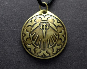 Exquisite Brass Convex Pendant with Intricate Shell and Cross Engraving for the Camino de Santiago