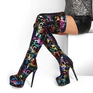 Stylish Colorful Pattern Stiletto Platform Thigh High Boots | Over The Knee