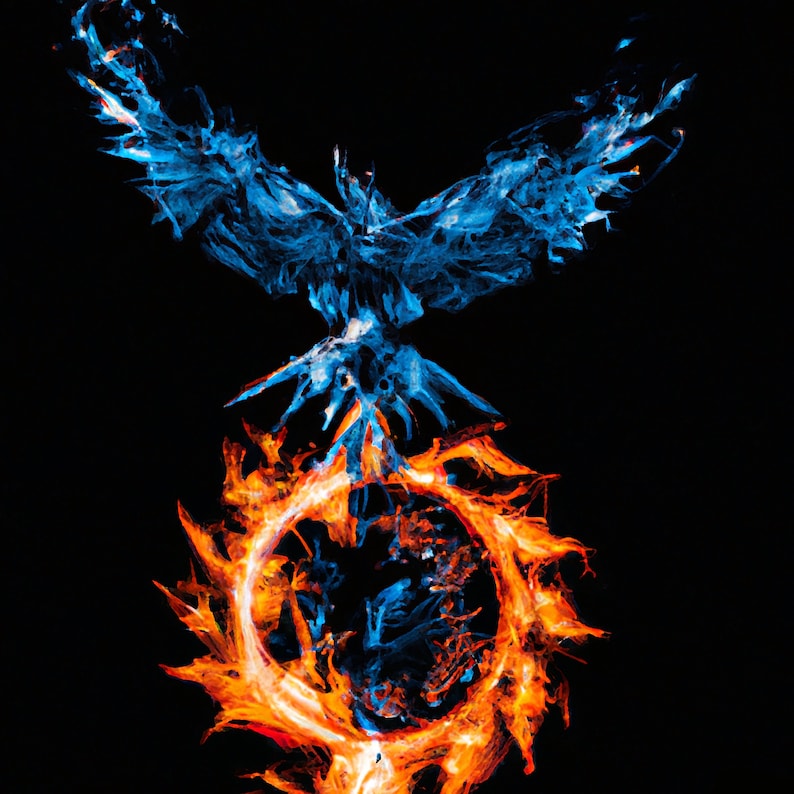 May include: Digital artwork depicting a phoenix in flight, with blue and orange hues set against a black backdrop. The phoenix is positioned above a ring of fire, creating a vivid contrast of colours and textures.