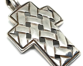 Vintage Hand Made Woven Lattice Sterling Silver 925 Mex Cross Pendant Charm 2”