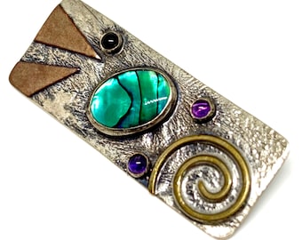 Vintage Mid Century Sterling Copper Abalone Amethyst Garnet Geometric Pin Brooch