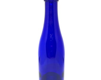 Vintage 7.5” Tall Cobalt Blue Etched Glass Bottle