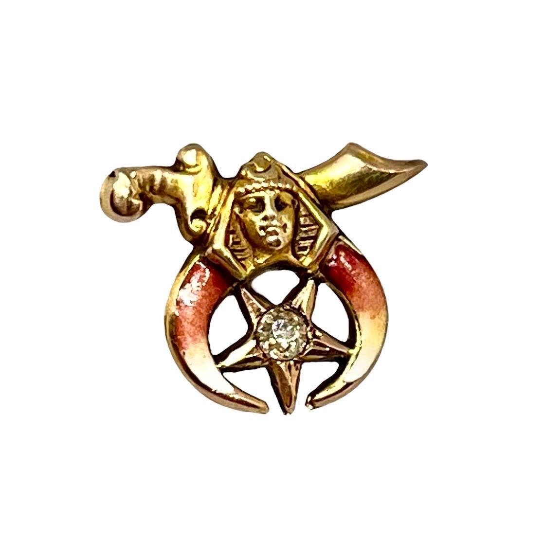 Antyczny Nile Shriner Freemason 10k Złoty Czerwony i Kremowy Emalia Freemason Moon, Egipski Sztylet Faraona, Diamentowa Gwiazda Masońska Przypinka Do Kapelusza .44”