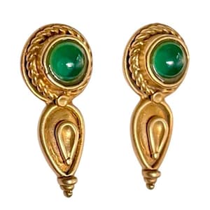 Antique Etruscan Revival / Victorian Emerald Cabochon Sterling Gold Filled Vermeil Signed Earrings Pair 925 GF