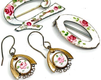 Antique Victorian Gold Filled Guilloche Enamel Floral Earrings Vintage Brooch and Clip