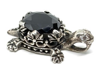 Vintage Navajo 925 Sterling Silver DIAMOND and Garmet Turtle Tortoise  Charm Pendant 1”