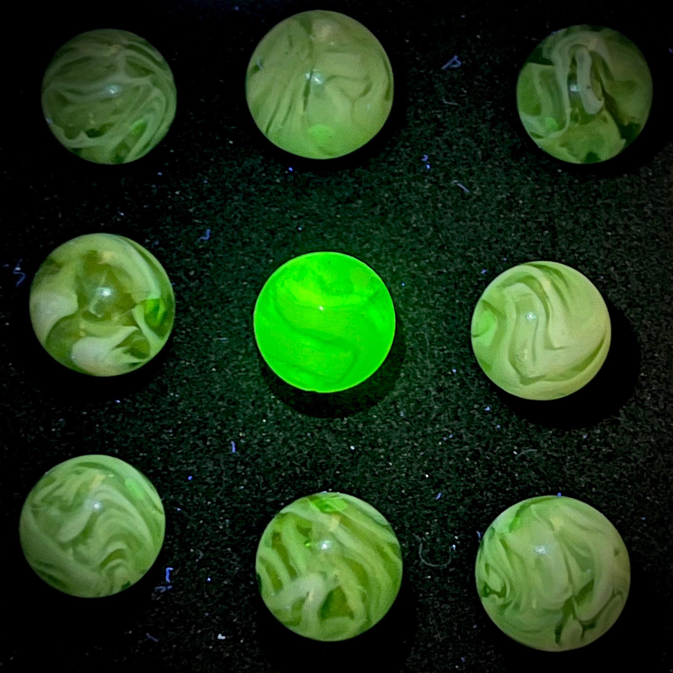 9 Antique / Vintage Alley Agate Flame Mint Marbles Lot 1 Uranium Glass UV