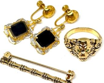 Vintage Gold Tone Mid Century Modern 1970’s Ring Earrings Costume Jewelry Pin