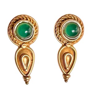 Antique Etruscan Revival / Victorian Emerald Cabochon Sterling Gold Filled Vermeil Signed Earrings Pair 925 GF
