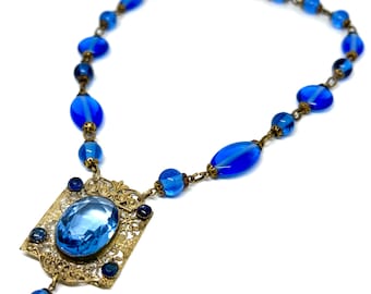 Early 1900s Antique Bohemian Czech Sapphire / Cobalt Blue Glass Crystal Beaded Bronze Pendant Necklace