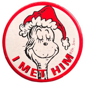 "Vintage "I Met Him" Dr. Seuss At The Bon Marken 2 “Seattle Washington PNW Market Retro Pinback Button Pin Metall Abzeichen 2,24 ”"
