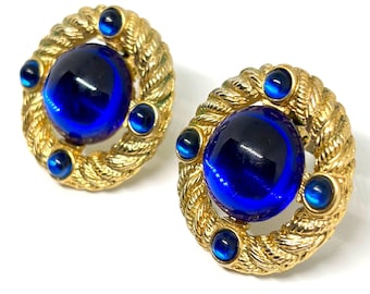 Vintage Royal Cobalt Blue Jelly Cabochon PARK LANE Gold Tone Clip MCM Earrings