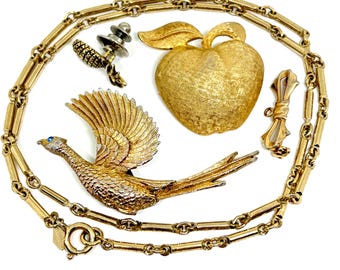 Vintage MCM Gold Tone Retro Chunky Costume Jewelry Necklace Brooch Lot Coro Coventry JJ