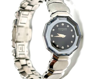 Wittnauer Silver Tone Winter Diamond Black Dial Swiss Quartz Watch WORKING