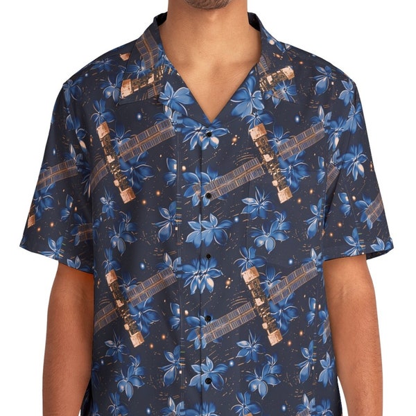 Chemise hawaïenne aloha design satellite, coupe carrée, col à revers cranté, poche poitrine, vêtements pour passionné de technologie, équipement de fan de missions spatiales
