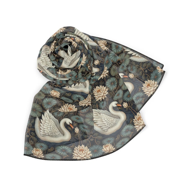 Art Nouveau Swan Scarf, William Morris Inspired, Black Water & White Swan, Teal Lily Pads, Elegant Poly Chiffon