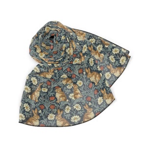 Art Nouveau Rabbit Scarf, William Morris Inspired, Green Floral Tendrils, Polyester Chiffon