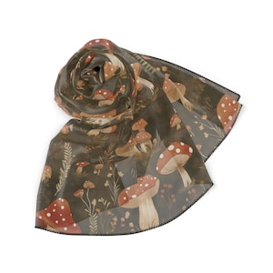 Enchanted Forest Floor, Woodland Mushroom Print Chiffon Scarf