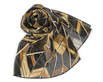 Art Deco Style Chiffon Scarf, Geometric Bold Lines, Luxury Fashion Accessory