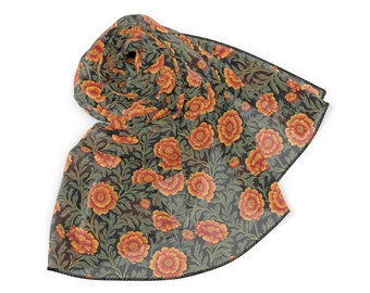 Orange Marigold Pattern Scarf, William Morris Inspired, Green Tendrils, Striking Colors, Sheer Poly Chiffon