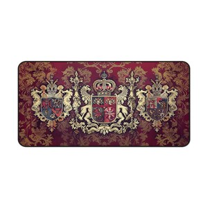 May include: A red and gold patterned background with three heraldic shields featuring lions, crowns, and other decorative elements.