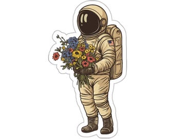 Astronaut with Wildflowers Sticker, Space Meets Nature, Perfect for Laptops and Water Bottles