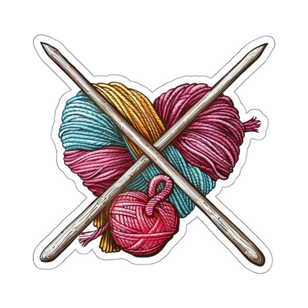 Knit Happens, Crossed Knitting Needles & Yarn Heart Sticker, Perfect for Crafters