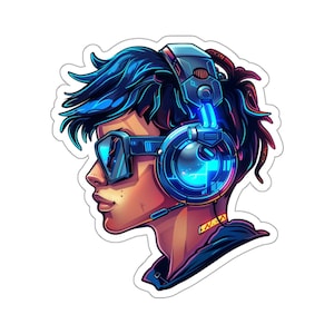 Cyber Gear Prodigy, Futuristic Young Man Sticker, Perfect for Gamers and Sci-Fi Fans