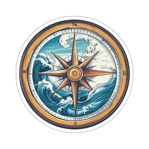 May include: A vintage compass with a gold frame and a blue and white wave design. The compass points north, south, east, and west.