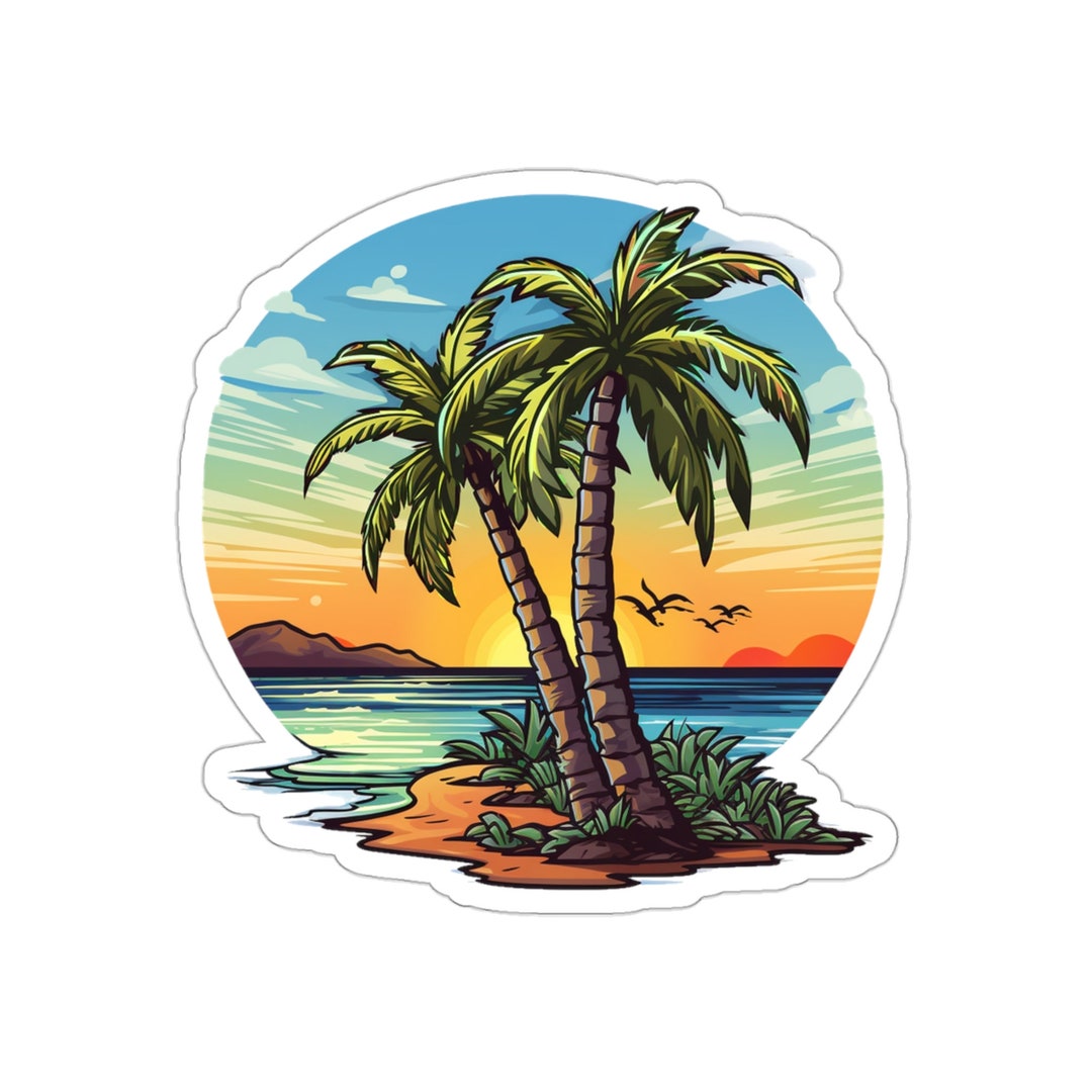 Palm Tree Island Sunset Sticker | Tropical Vacation Vibes - Etsy