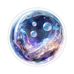 May include: A sticker featuring a vibrant, artistic depiction of a cosmic scene within a transparent bubble. The image showcases a deep space background with multiple planets and mountainous terrain, rendered in shades of blue, purple, and gold.