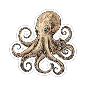 May include: A detailed illustration of an octopus with swirling patterns and green eyes. The octopus is drawn in a vintage style with intricate details.