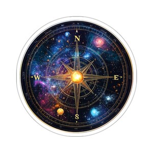 May include: A compass with a gold design and a starry night sky background. The compass points north, south, east, and west. The compass is surrounded by a circle of stars and planets.