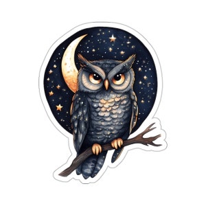 Night Owl Vibes, Detailed Owl on a Branch Under the Moon Sticker, Perfect for Laptops and Notebooks